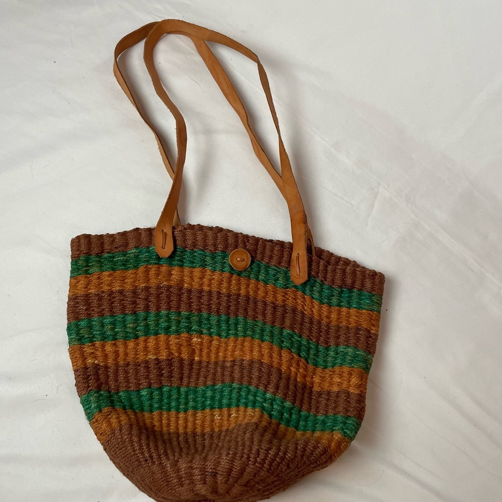 Vintage Sisal Jute Market Tote African Woven Brown Green Leather Straps Boho
